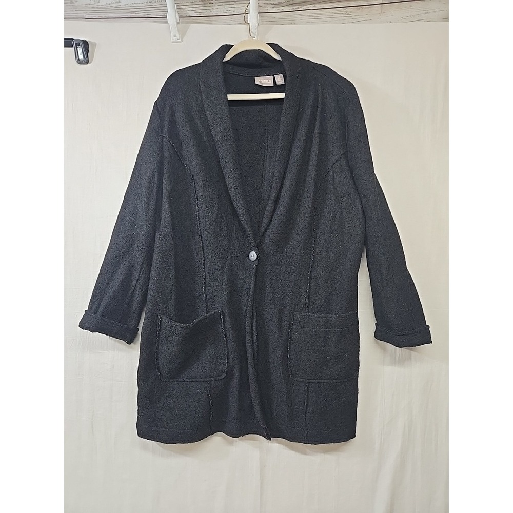 Chico's Women's Black 100% Knitted Wool Long Cardigan 1 Button Size 3 (XL/16)